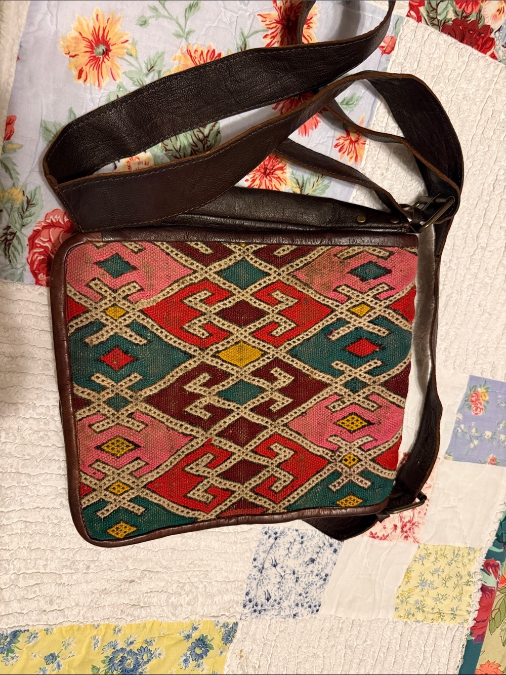 Handwoven leather Geometric Crossbody Bag in Pink, Red & Teal